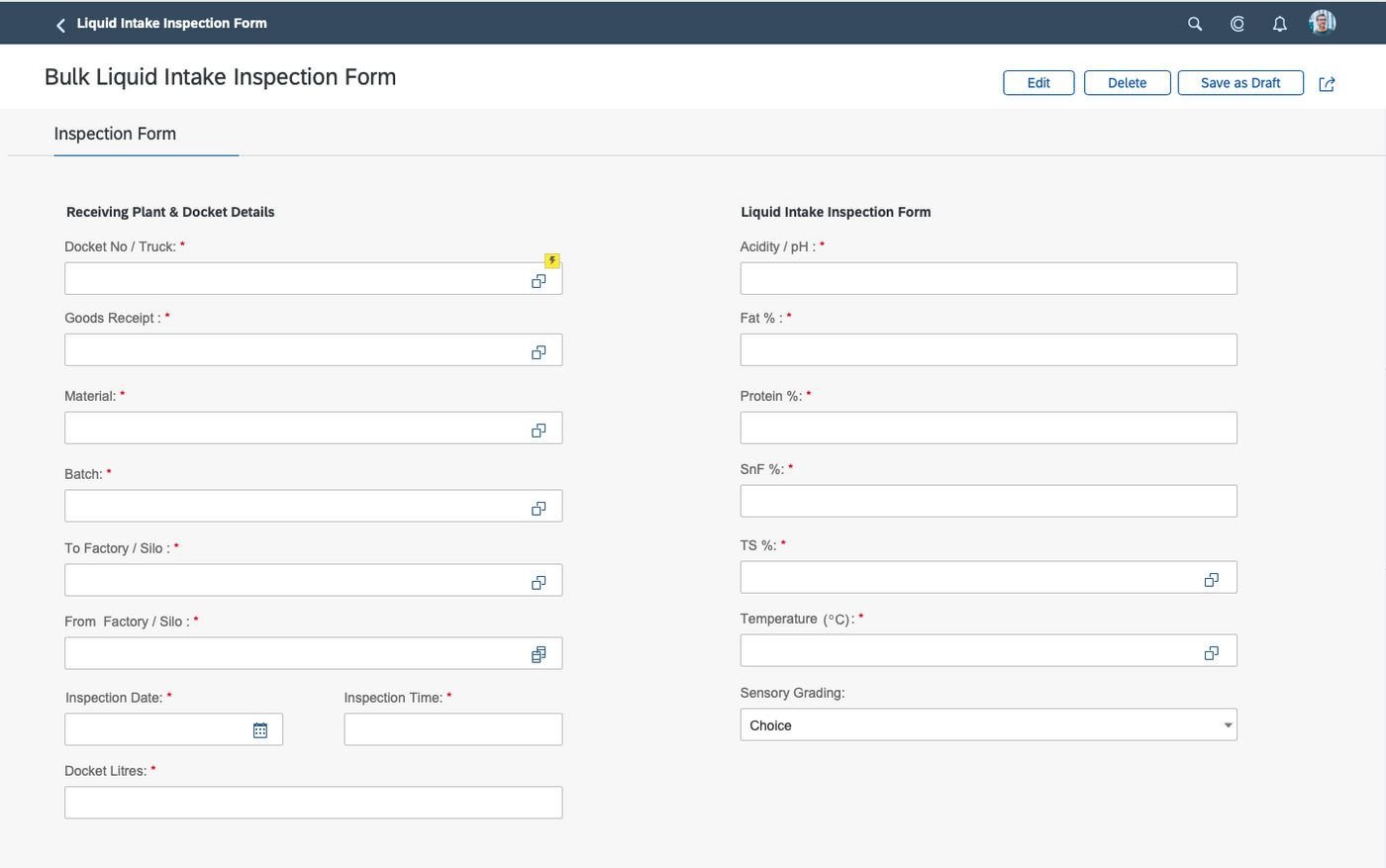 Bulk liquid intake inspection form